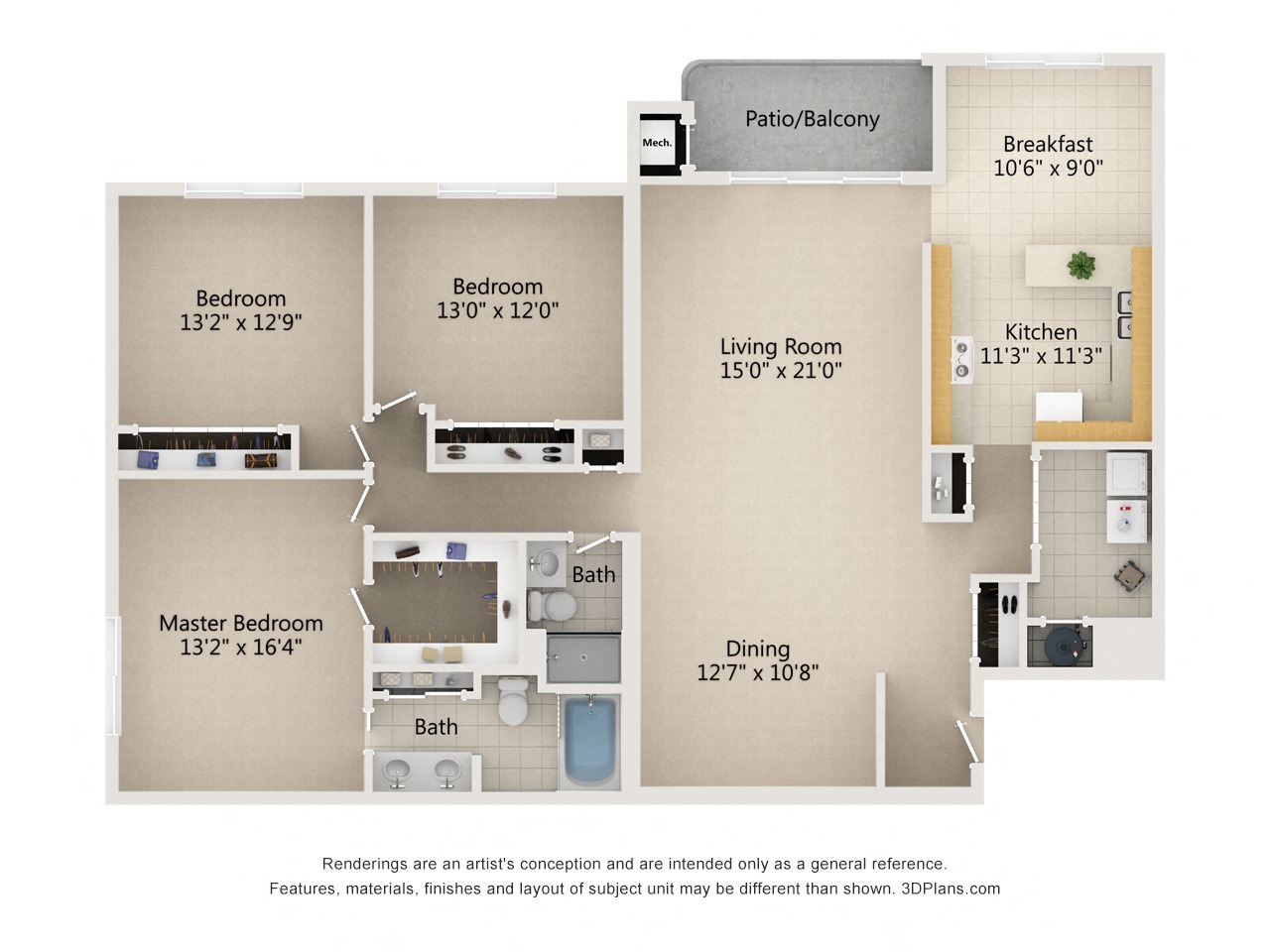 Floor plan layout diagram for 3 Bedroom 2 Bath Type A